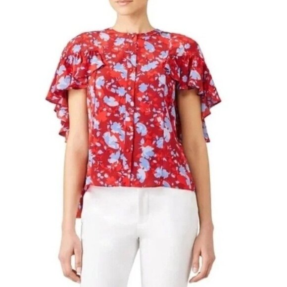 Alexis Danijela 100% Silk Red Floral Button Front Cape Blouse Size Large Top - Picture 1 of 7